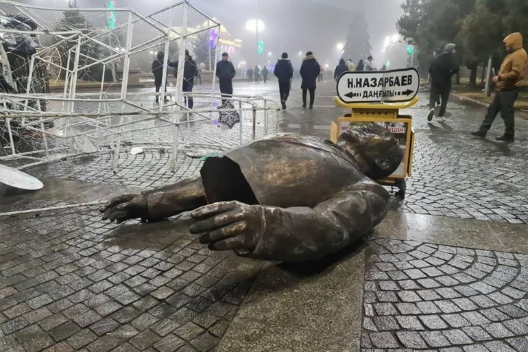 Protesters toppled a statue of Nursultan Nazarbayev