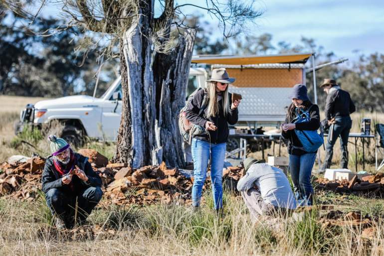 The research team look for insect fossils at the site; on their first visit, McCurry and Frese found tiny aquatic insects preserved in the rock. Photograph: Salty Dingo/Courtesy of the Australian Museumالصورة من theguardian