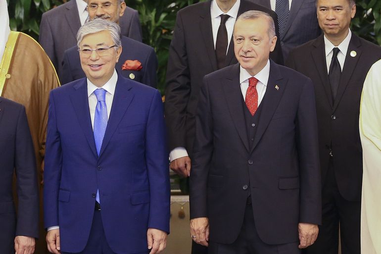DUSHANBE, TAJIKISTAN - JUNE 15: Turkish President Recep Tayyip Erdogan President of Kazakhstan Kassym-Jomart Tokayev during the 5th summit of the Conference on Interaction and Confidence Building Measures in Asia (CICA) in Dushanbe, Tajikistan on June 15, 2019. (Photo by Halil Sagirkaya/Anadolu Agency/Getty Images)