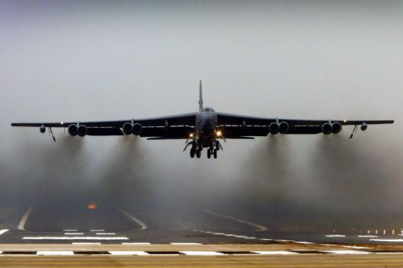 A U.S. B52 bomber takes off from RAF Fairford in Gloucestershire, March 21, 2003. The bombers took off from western England on Friday - the first to leave since the start of the war in Iraq. REUTERS/Darren Staples DS/ASA