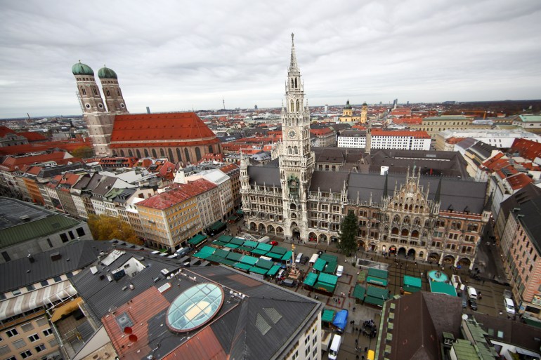 A general view of Christmas market at the Marienplatz with the Church of Our Lady 'Frauenkirche' in Munich