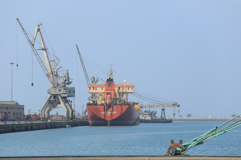 Ship unloads a cargo of fuel at the port of Hodeida, Yemen