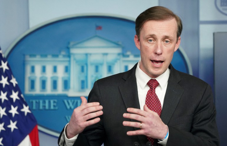 U.S. National security adviser Jake Sullivan speaks at a press briefing at the White House in Washington