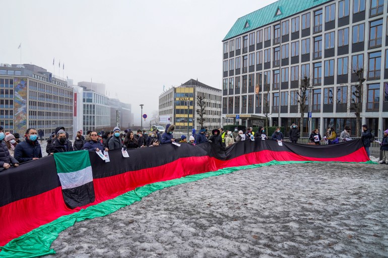 People protest outside the Ministry of Foreign Affairs against the Taliban being in Norway, in Oslo