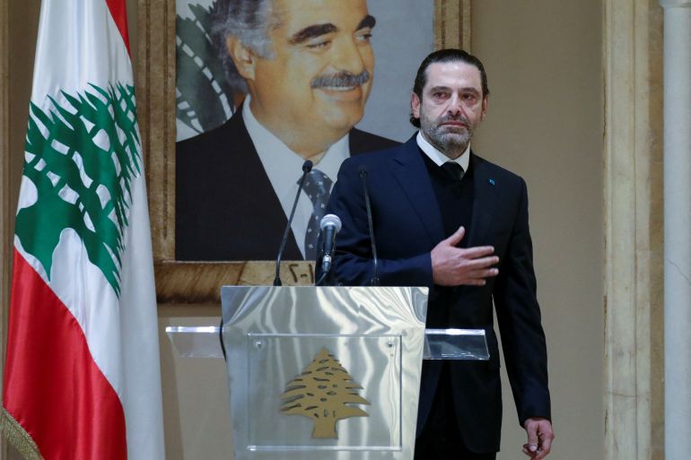 Lebanon's Former Prime Minister Saad Hariri gestures during a speech in Beirut