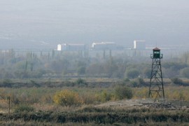 A border guard tower is seen on Armenian-Turkish border near the village of Khor Virap