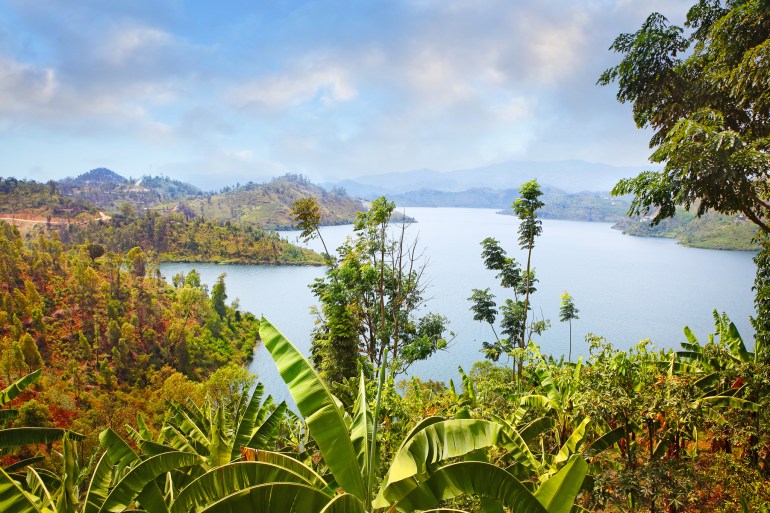 View of Lake Kivu on the border between the Democratic Republic of the Congo and Rwanda