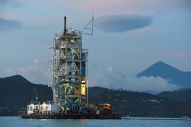A methane extraction platform is seen at the Kivu Lake, in Gisenyi, Rwanda on April 17, 2016. (Photo by PABLO PORCIUNCULA / AFP) (Photo credit should read PABLO PORCIUNCULA/AFP via Getty Images)