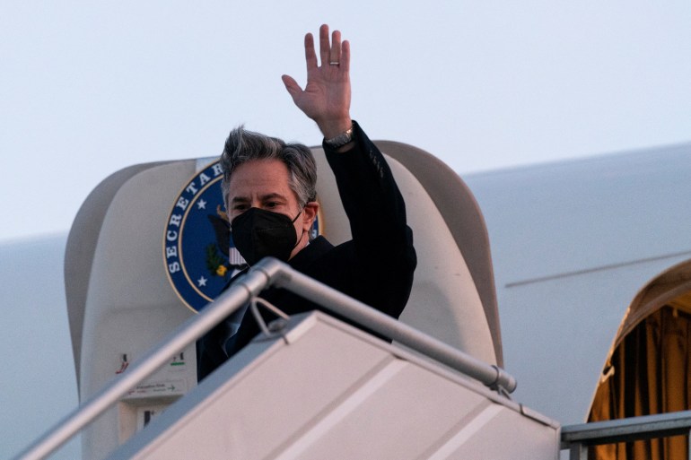 Secretary of State of U.S. Antony Blinken waves as he arrives at Boryspil International Airport, in Kyiv, Ukraine, January 19, 2021. Alex Brandon/Pool via REUTERS