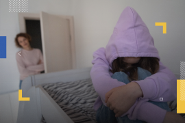Depressed teen girl wearing hood sitting on bed ignoring mother. Sad teenage daughter hiding problem from worried parent single mom having psychological trauma after family conflict, divorce concept.