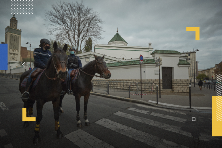 PARIS, FRANCE - OCTOBER 30: Mounted Police patrol outside the Grand Mosque in Paris during Friday Prayers on October 30, 2020 in Paris, France. The prayers took place under increased security as President Macron announced the number of soldiers patrolling the streets and guarding places of worship and schools would rise from 3,000 to 7,000. (Photo by Kiran Ridley/Getty Images)