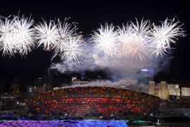 Fireworks go off over the National Stadium, known as the Bird's Nest, in Beijing, during the opening ceremony of the Beijing 2022 Winter Olympic Games, on February 4, 2022. (Photo by Lu Ye / POOL / AFP)