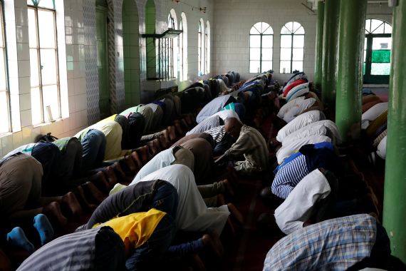 Muslim men pray at the Al Abrar mosque in Goma