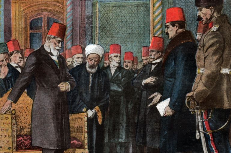 Mandatory Credit: Photo by CCI/Shutterstock (10169360a) History. Turkey. Deposition of the last caliph of Islam Abdulmejid II by the national Assembly of Ankara. Illustration in: Le Petit Journal, France, March, 16, 1924. Abdulmejid II - 1924