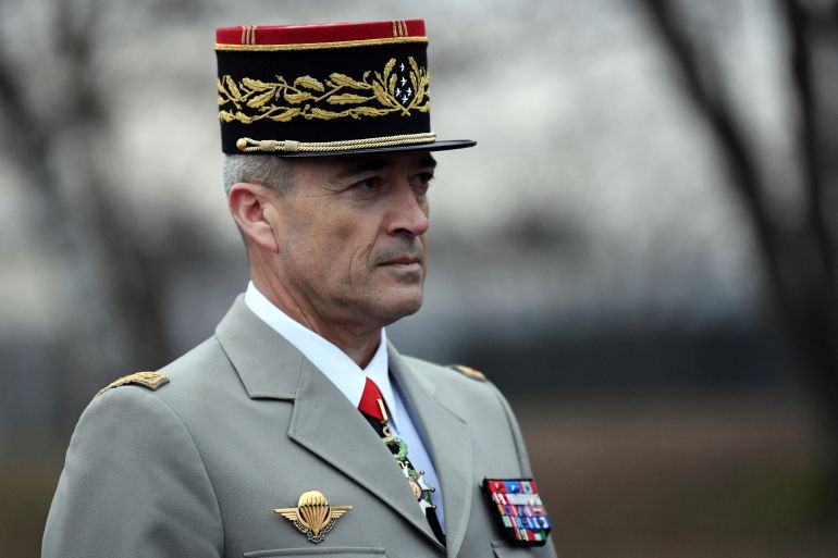 Chief of the Defence staff Thierry Burkhard attends a welcoming ceremony prior to the French President's New Year wishes to the military forces at Oberhoffen camp in Haguenau
