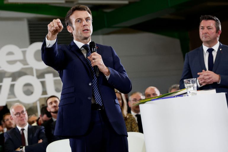 French President Macron holds the first meeting of his presidential campaign, in Poissy