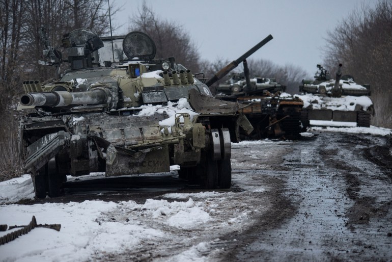 Destroyed Russian tanks are seen in the Sumy region