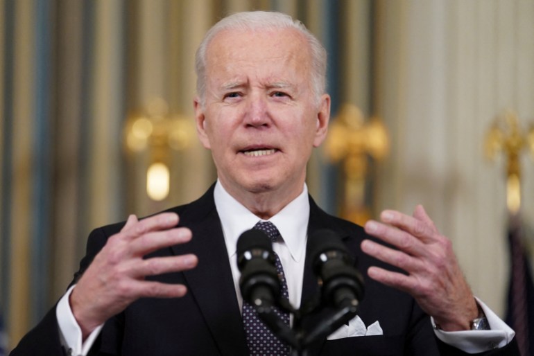 U.S. President Joe Biden speaks about Ukraine while announcing proposed budget for fiscal year 2023 at the White House in Washington