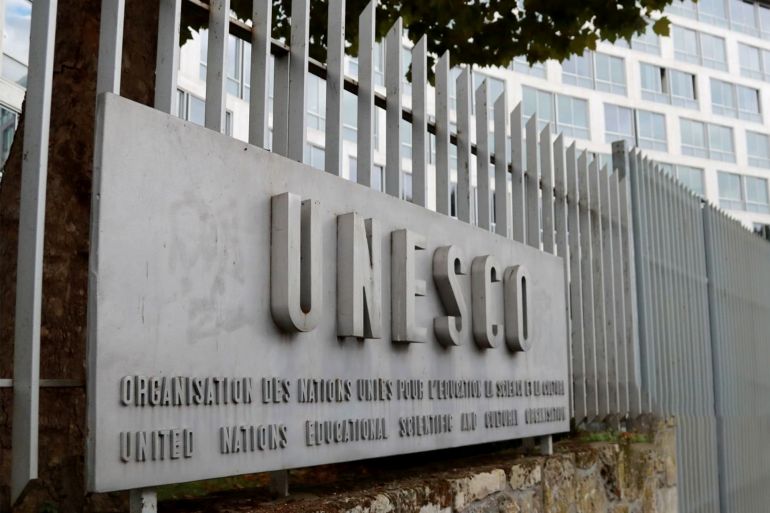 FRANCE-UNESCO A picture taken on October 12, 2017 shows the logo of the United Nations Educational, Scientific and Cultural Organisation (UNESCO) headquarters in Paris. - The United States said on October 12, 2017 that it was pulling out of the UN's culture and education body, accusing it of "anti-Israel bias" in a move that underlines Washington's drift away from international institutions. (Photo by JACQUES DEMARTHON / AFP) (Photo credit should read JACQUES DEMARTHON/AFP via Getty Images)
