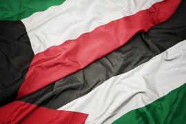 waving colorful flag of palestine and national flag of kuwait. macro; Shutterstock ID 1491218561; purchase_order: ajnet; job: ; client: ; other: