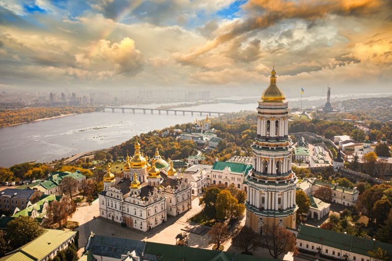 Kyiv, Ukraine - October 6, 2021: Kyiv Pechersk Lavra in Kyiv. View from drone; Shutterstock ID 2104861517; purchase_order: ajnet; job: ; client: ; other: