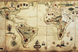 Antique world planisphere portolan map of Spanish and Portuguese maritime and colonial empire. Created by Antonio Sanches, published in Portugal, 1623 شترستوك