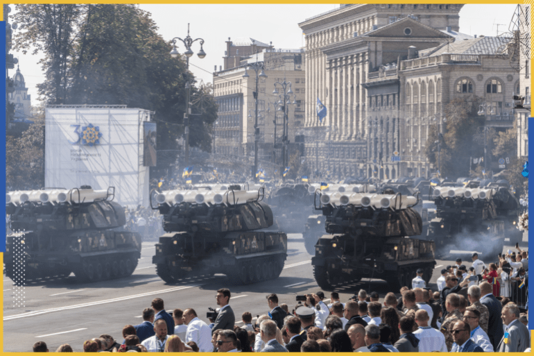 KYIV, UKRAINE - AUGUST 24: Military equipment proceeds down Kyiv's main street Khreshchatyk during Ukraine's Independence Day parade on August 24, 2021 in Kyiv, Ukraine. Ukraine celebrates 30 years of independence in an unstable geopolitical climate. President Volodymyr Zelensky gathered representatives of some 40 countries to inaugurate the Crimean Platform on the eve of Independence day. The summit of international and diplomatic solidarity, aims to highlight the annexation of Crimea by the Russians in 2014. (Photo by Brendan Hoffman/Getty Images)