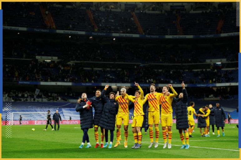 Soccer Football - LaLiga - Real Madrid v FC Barcelona - Santiago Bernabeu, Madrid, Spain - March 20, 2022 FC Barcelona players celebrate after the match REUTERS/Susana Vera TPX IMAGES OF THE DAY