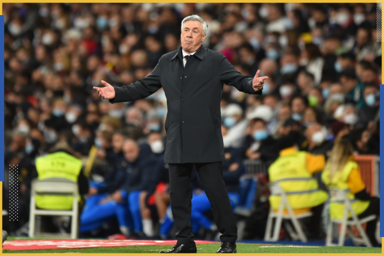 MADRID, SPAIN - MARCH 20: Real Madrid Manager, Carlo Ancelotti looks on during the LaLiga Santander match between Real Madrid CF and FC Barcelona at Estadio Santiago Bernabeu on March 20, 2022 in Madrid, Spain. (Photo by Denis Doyle/Getty Images)