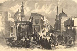 مشهد من القاهرة في القرن التاسع عشر يظهر عمليات نقل الموتى والمصابين من ضحايا وباء الكوليرا المصدر: المكتبة الوطنية للطب National Library of Medicine