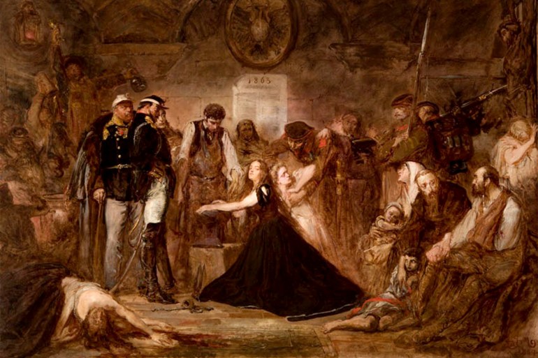 'Polonia (Poland), 1863', by Jan Matejko, 1864. Pictured is the aftermath of the failed January 1863 Uprising.  Captives await transportation to Siberia.  Russian officers and soldiers supervise a blacksmith placing shackles on a woman (Polonia).  The blonde girl next to her represents Lithuania.  Copyright: public domain 1863–1864 Uprising, drawing by Artur Grottger Copyright: public domain https://www.lrt.lt/en/news-in-english/19/1118227/reburial-of-1863-uprising-leaders-pivotal -moment-in-relations-of-lithuania-poland-and-belarus