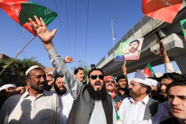 Supporters of the Pakistan Tehreek-e-Insaf, political party, chant slogans accusing the U.S. of plotting to overthrow Pakistani Prime Minister Imran Khan, during a protest in Peshawar