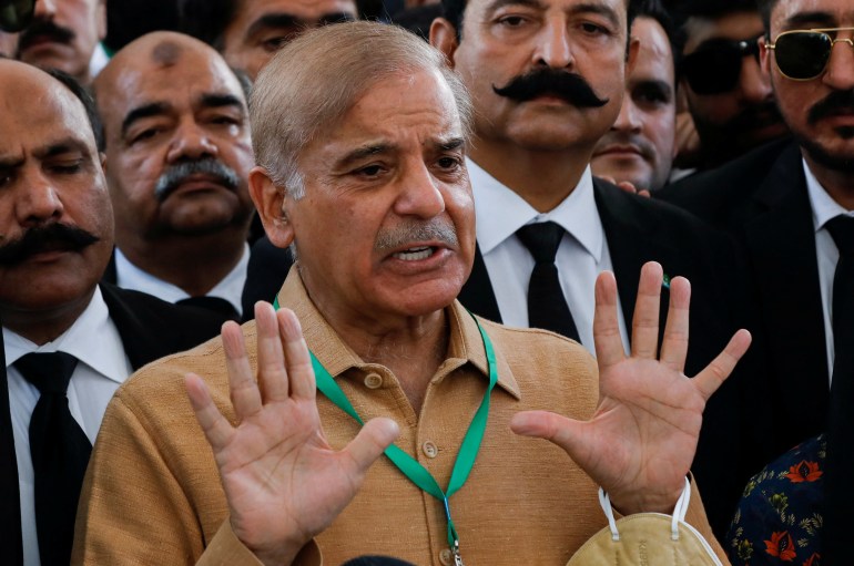 Leader of the opposition Shehbaz Sharif speaks to the media at the Supreme Court of Pakistan in Islamabad