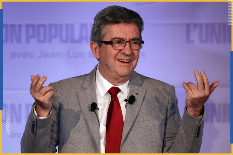 Jean-Luc Melenchon, leader of the far-left opposition party La France Insoumise (France Unbowed - LFI), and L'Union populaire (popular union) candidate for the 2022 French presidential election, gestures on stage after partial results in the first round of the 2022 French presidential election, in Paris, France, April 10, 2022. REUTERS/Sarah Meyssonnier