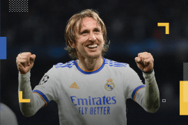 MADRID, SPAIN - MARCH 09: Luka Modric of Real Madrid CF celebrates at the end of the UEFA Champions League Round Of Sixteen Leg Two match between Real Madrid and Paris Saint-Germain at Estadio Santiago Bernabeu on March 09, 2022 in Madrid, Spain. (Photo by David Ramos/Getty Images)