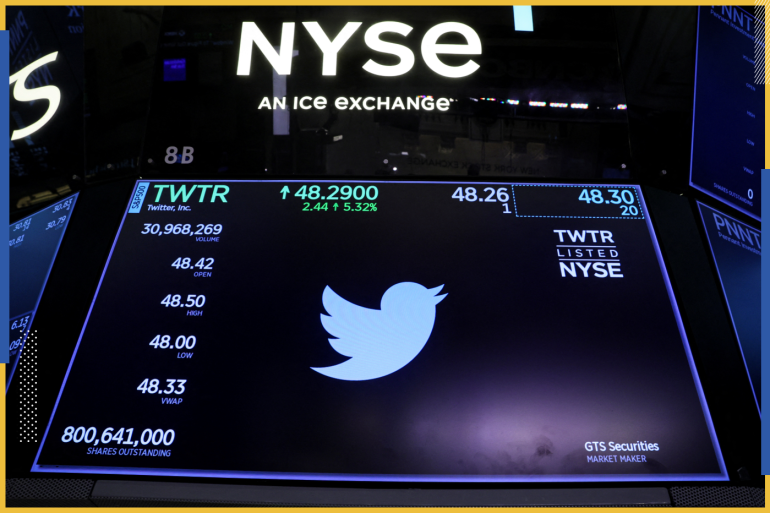 A screen displays the trading information for Twitter on the floor of the New York Stock Exchange (NYSE) in New York City, U.S., April 14, 2022. REUTERS/Brendan McDermid