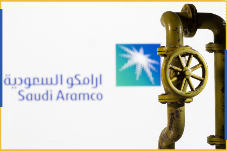 A 3D printed natural gas pipeline is placed in front of displayed Saudi Aramco logo in this illustration taken February 8, 2022. REUTERS/Dado Ruvic/Illustration