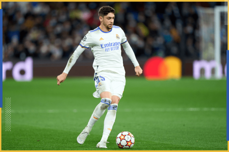 MADRID, SPAIN - APRIL 12: Federico Valverde of Real Madrid in action during the UEFA Champions League Quarter Final Leg Two match between Real Madrid and Chelsea FC at Estadio Santiago Bernabeu on April 12, 2022 in Madrid, Spain. (Photo by Angel Martinez/Getty Images)