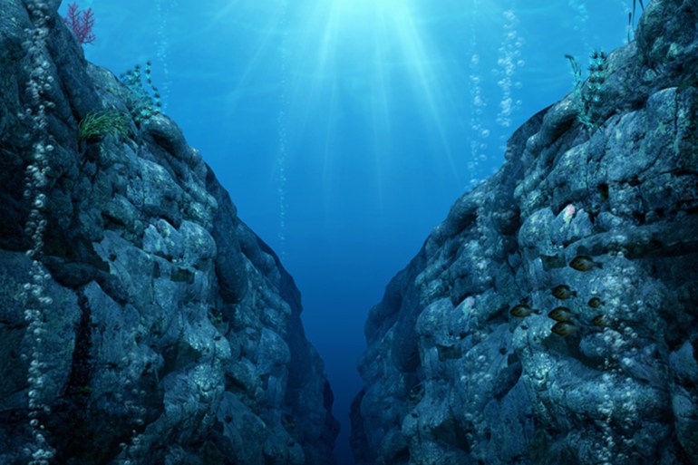 View from the Mariana Trench, the deepest depths in the Western Pacific, 3d render illustration