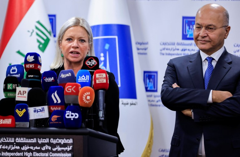 The Special Representative of the Secretary-General for the United Nations Assistance Mission for Iraq (UNAMI), Jeanine Hennis-Plasschaert and Iraq's President Barham Salih attend a news confernece during their visit to Iraq's Independent High Electoral Commission, in Baghdad, Iraq October 3, 2021. REUTERS/Thaier Al-Sudani