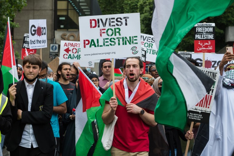 Student protest march in London for Palestinian people