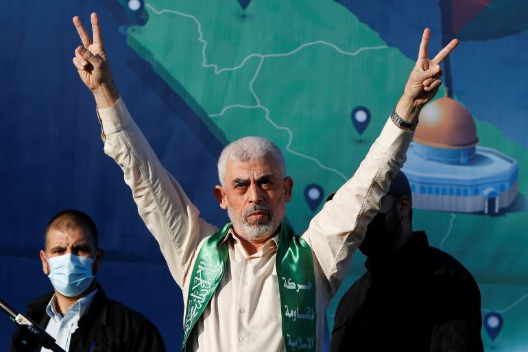 Hamas Gaza Chief Yehya Al-Sinwar gestures during an anti-Israel rally in Gaza City, May 24, 2021. REUTERS/Mohammed Salem