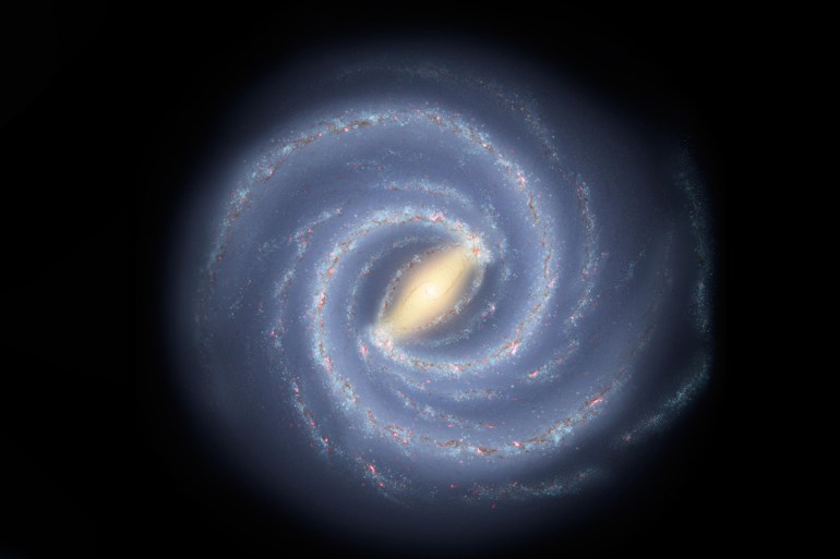 This artist's concept illustrates a view of the Milky Way using infrared images from NASA's Spitzer Space Telescope. Credits: NASA/JPL-Caltech