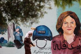 A mural honouring slain Al Jazeera journalist Shireen Abu Akleh is pictured in Gaza City on 13 May 2022 (AFP)