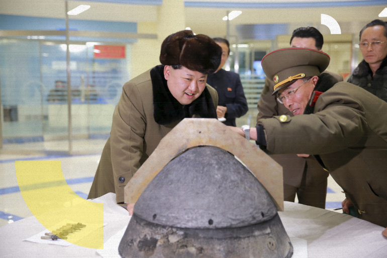 North Korean leader Kim Jong Un looks at a rocket warhead tip after a simulated test of atmospheric re-entry of a ballistic missile, at an unidentified location in this undated photo released by North Korea's Korean Central News Agency (KCNA) in Pyongyang on March 15, 2016. REUTERS/KCNA ATTENTION EDITORS - THIS PICTURE WAS PROVIDED BY A THIRD PARTY. REUTERS IS UNABLE TO INDEPENDENTLY VERIFY THE AUTHENTICITY, CONTENT, LOCATION OR DATE OF THIS IMAGE. FOR EDITORIAL USE ONLY. NOT FOR SALE FOR MARKETING OR ADVERTISING CAMPAIGNS. THIS PICTURE IS DISTRIBUTED EXACTLY AS RECEIVED BY REUTERS, AS A SERVICE TO CLIENTS. NO THIRD PARTY SALES. SOUTH KOREA OUT. NO COMMERCIAL OR EDITORIAL SALES IN SOUTH KOREA TPX IMAGES OF THE DAY