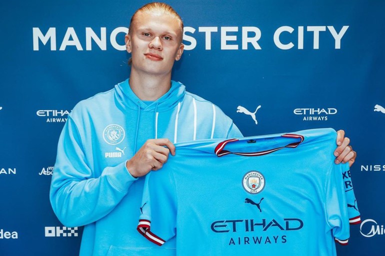 MANCHESTER, ENGLAND: In this photo released on June 13, 2022 Manchester City unveil new signing Erling Haaland at Manchester City Football Academy in Manchester, England. (Photo by Lynne Cameron - Manchester City/Manchester City FC via Getty Images)