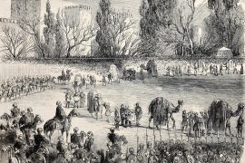Sultan's camel caravan departing from Istanbul to Mecca and Medina. Original, from drawing of Blanchard, after sketch of Milesi, published on L'Illustration, Journal Universel, Paris, 1860