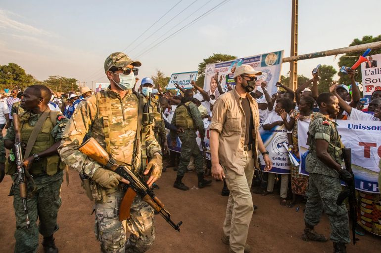 Russian Wagner Group and Rwandan security forces take measures around the site during election meeting of Current Central African Republic President on December 25, 2020. [Photo credit: Nacer Talel/Anadolu Images]