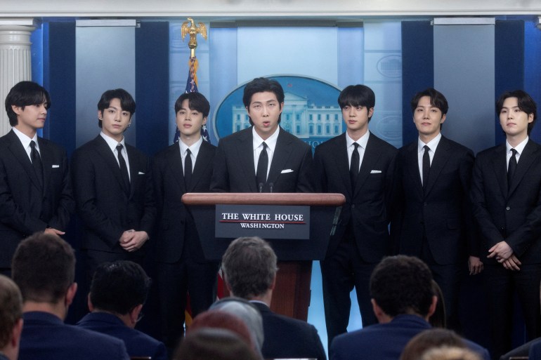 Kim Namjoon of the K-Pop band BTS and fellow members, (not in order), Kim Taehyung, Kim Seokjin, Jeon Jeongguk, Park Jimin, Jung Hoseok and Min Yoon-gi make statements against anti-Asian hate crimes and for inclusion and representation during the daily briefing at the White House in Washington, U.S., May 31, 2022. REUTERS/Leah Millis