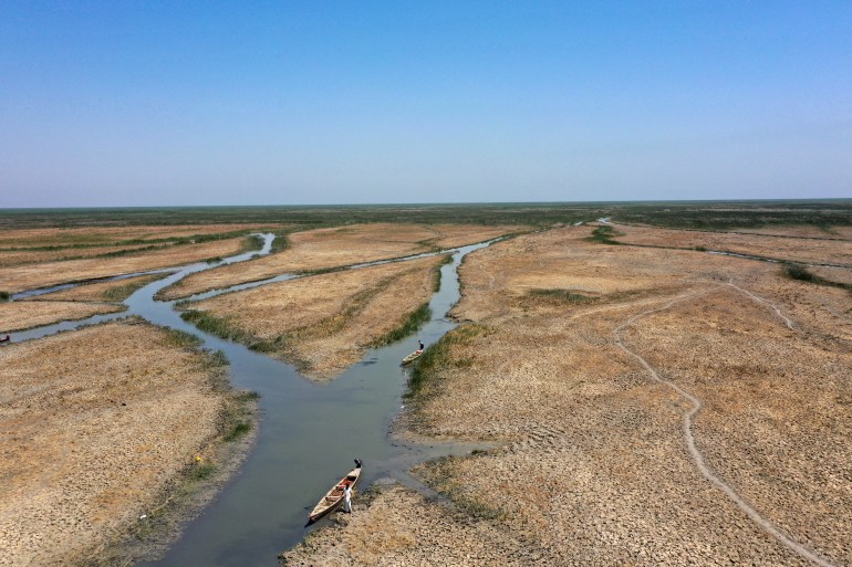 A general view shows low water levels at the Chebayesh marsh in Dhi Qar